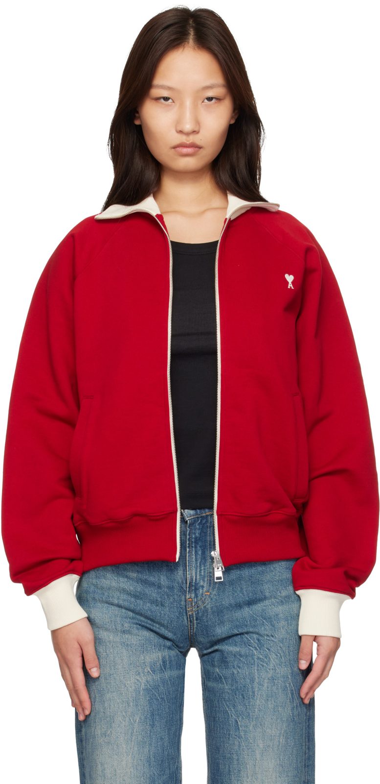 Red Zipped Cotton Ami de Coeur Sweatshirt 262482F097000