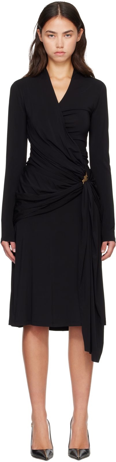 Black Gathered Waist Viscose Midi Dress 262270F054000