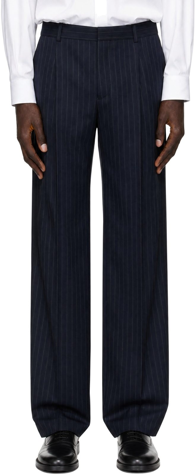 Navy Wide Pinstripe Wool Trousers 252251M191010