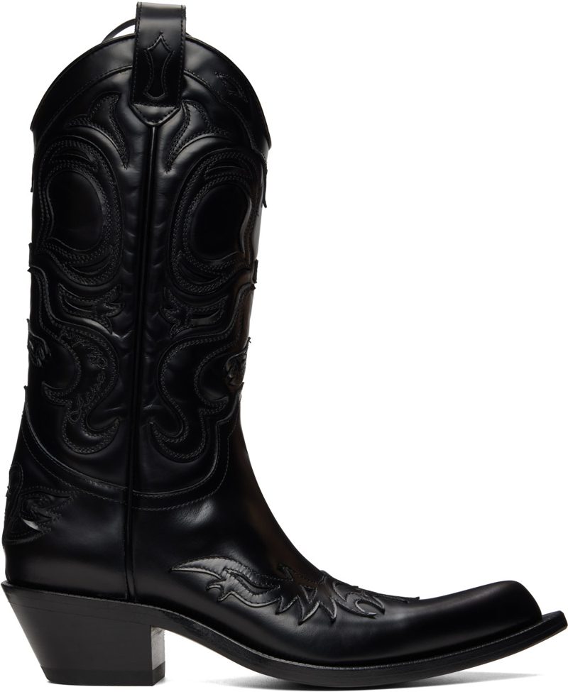 Black Pointy Leather Cowboy Boots 262129F114001