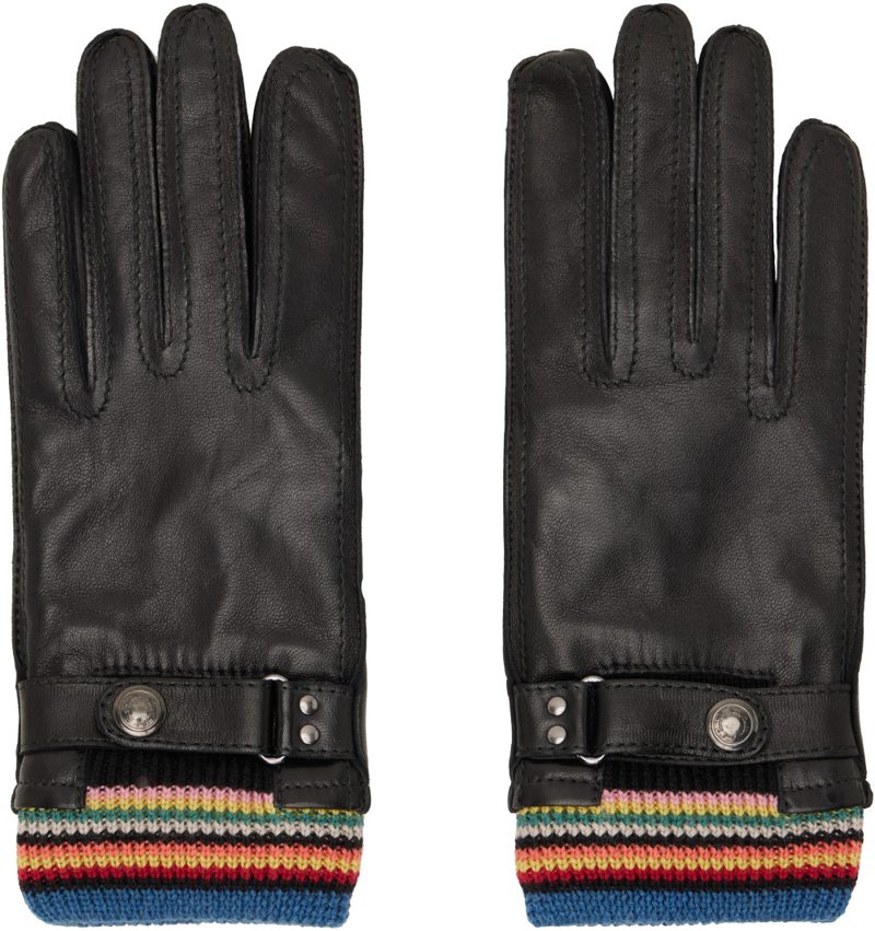 Paul Smith Black Leather Signature Stripe Cuff Gloves 262260M135000