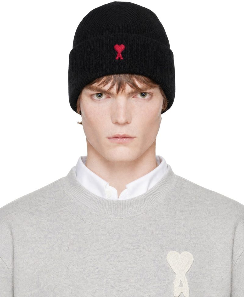 Black Wool Ami De Coeur Beanie 262482M138004