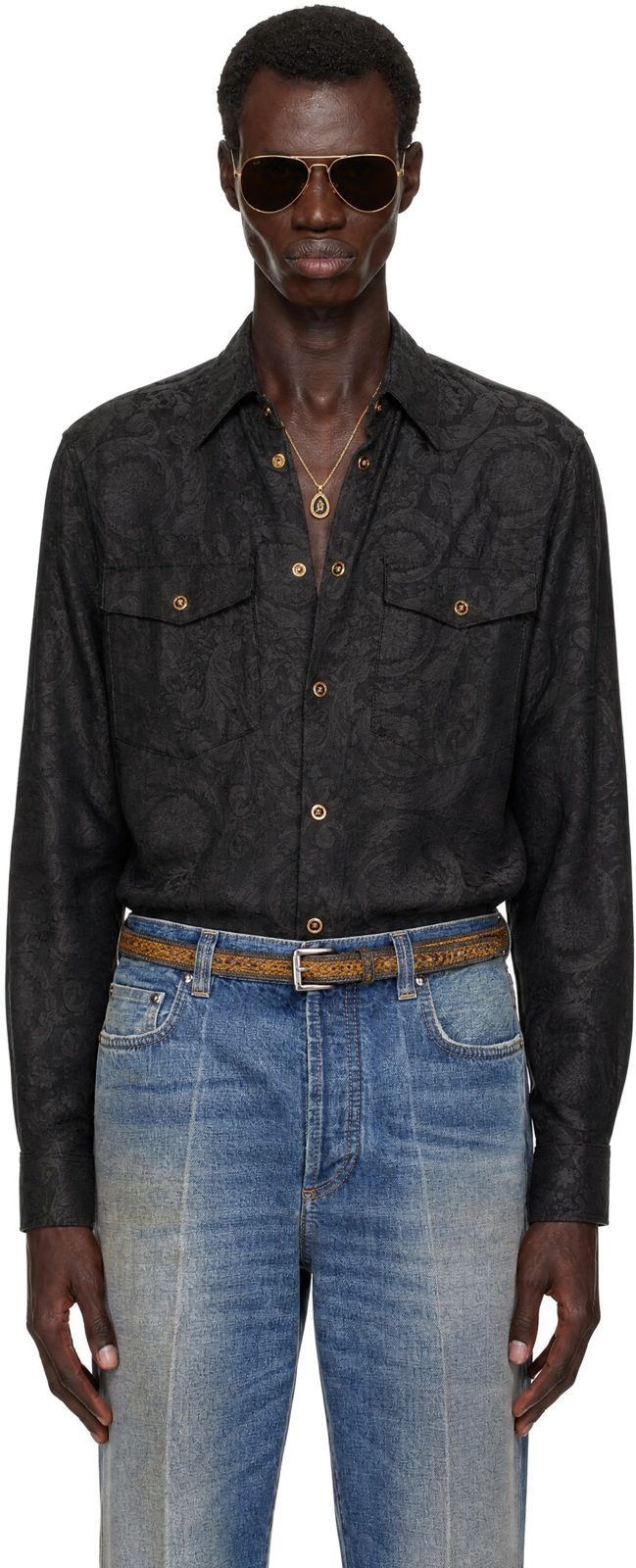 Black Barocco Jacquard Shirt 252404M192013