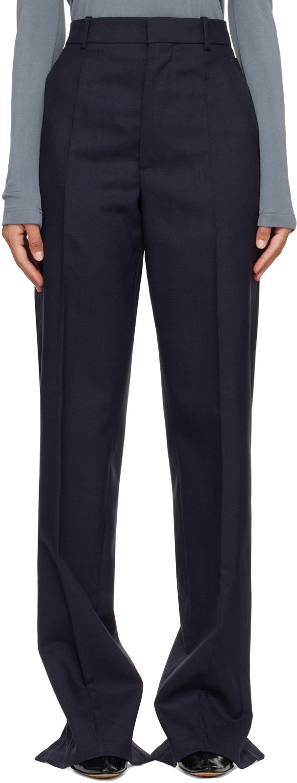 Navy Shetland Wool Toile Straight Trousers 262798F087007