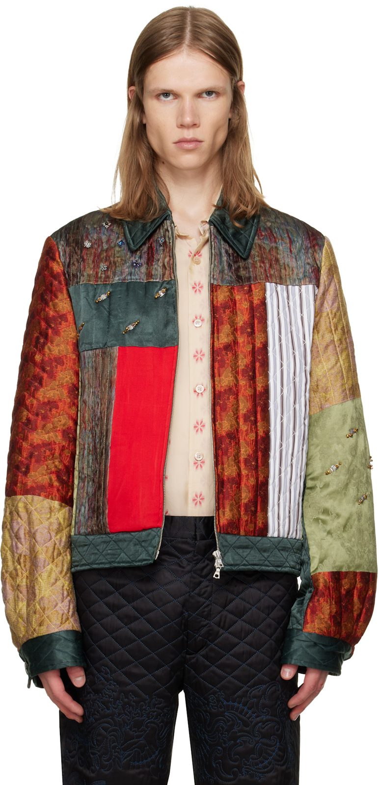 Multicolor Paneled Silk Jacket 262358M180015