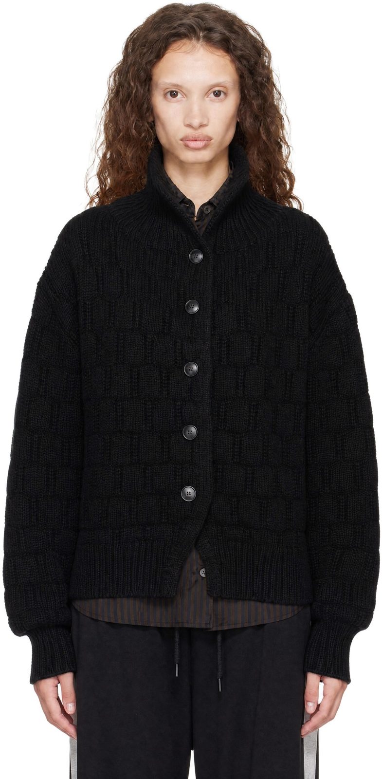 Black Textured Wool Cardigan 262358F095007