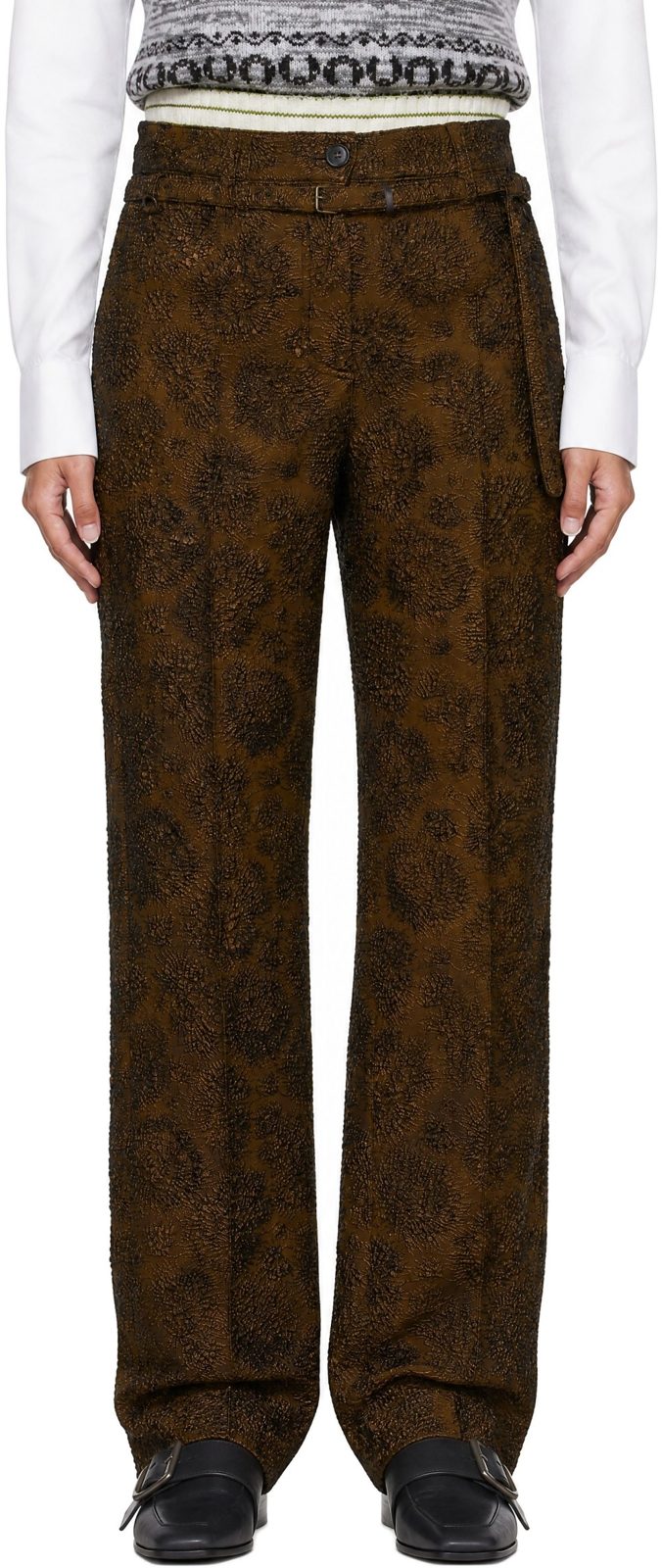 Brown Slim Leg Jacqaurd Trousers 262358F087030