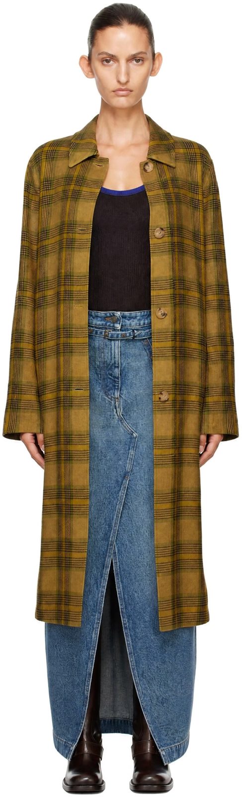 Khaki Wool Check Coat 262358F059009