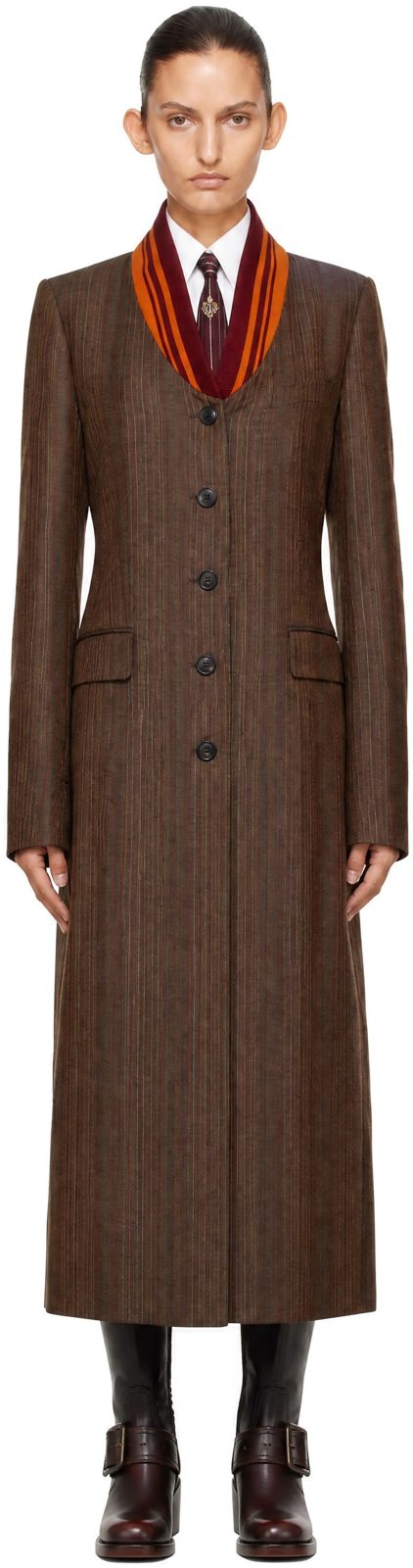 Brown Pinstripe Wool Coat 262358F059016