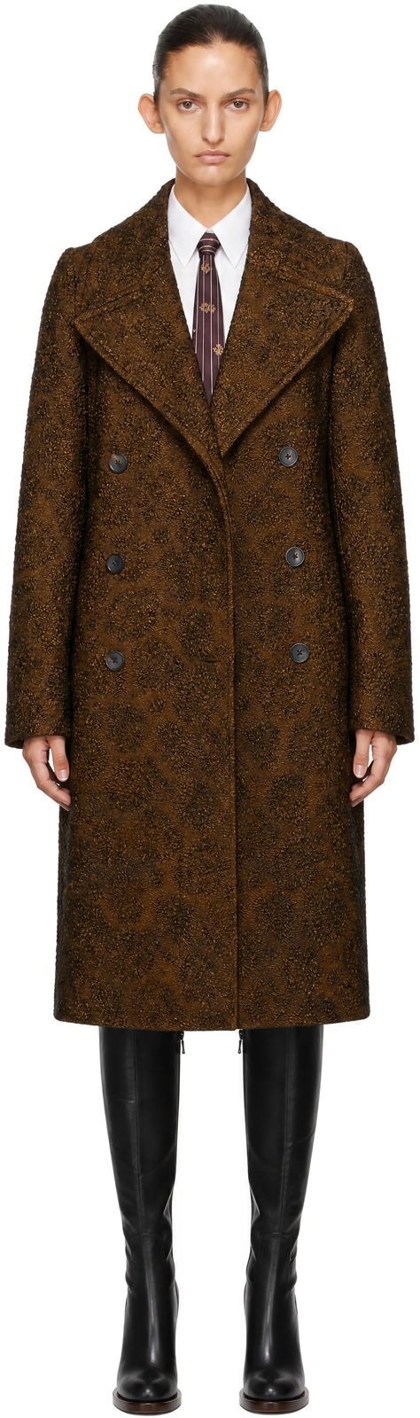 Brown Double-Breasted Jacquard Coat 262358F059012