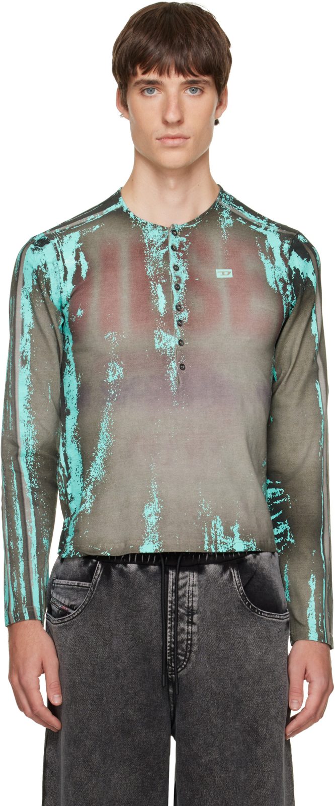 Gray Grandad Cracked Leather-Effect Jersey Henley 262001M213023