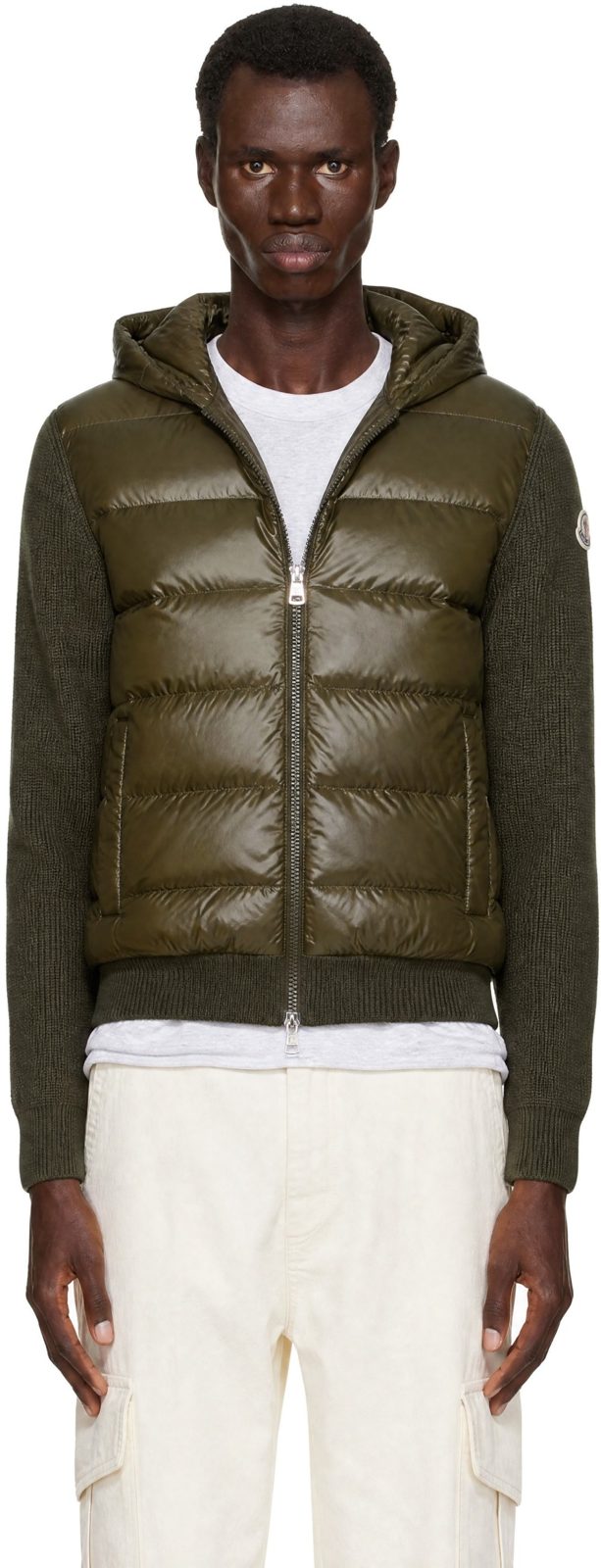 Khaki Padded Wool Zip-Up Down Hoodie 252111M178056
