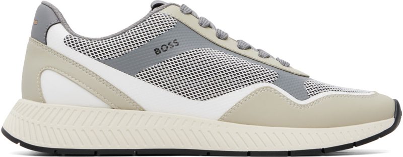 Beige & Gray Ribbed Sole Mesh Sneakers 262085M237032