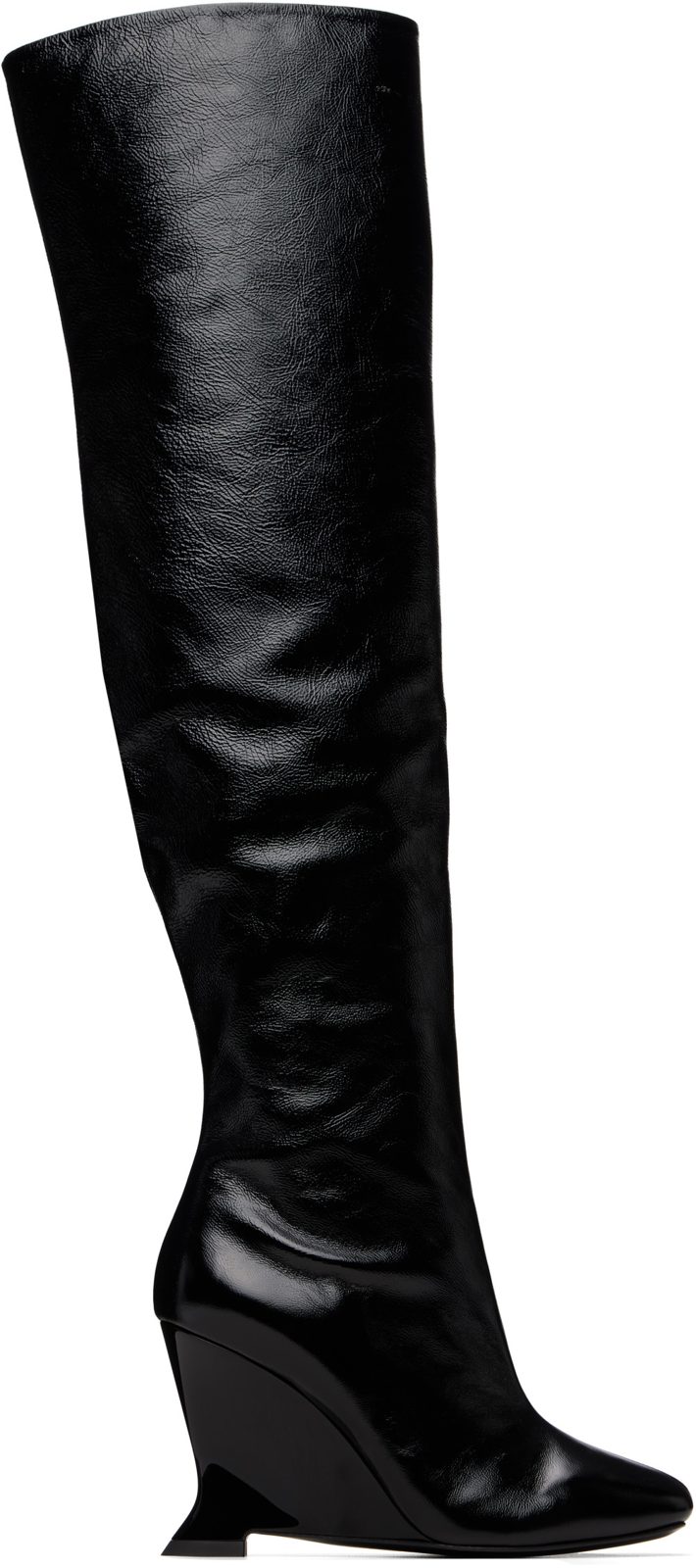 Black Thigh-High Crinkled Patent Leather Wedge Boots 262251F115002