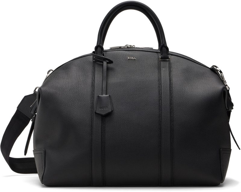 Black Detachable Strap Leather Duffle Bag 262085M169007