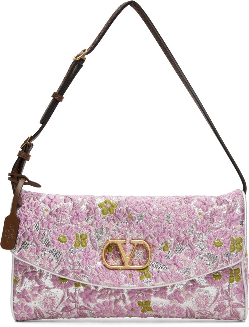 Garavani Pink & Silver Jacquard Lurex DeVain Small Shoulder Bag 262807F048038