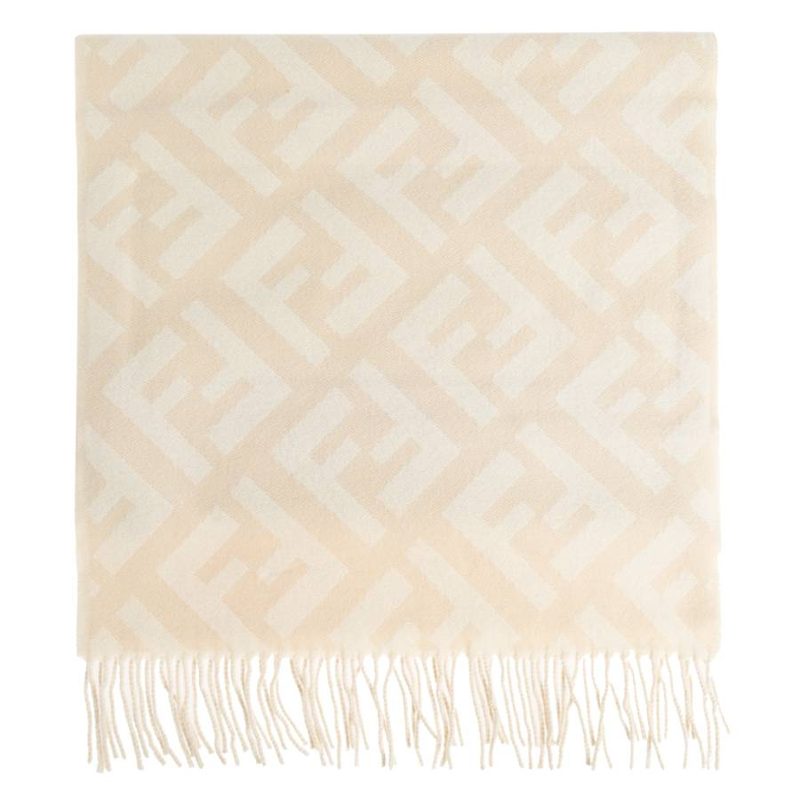 FF Jacquard Fringed Cashmere Scarf_Camelia