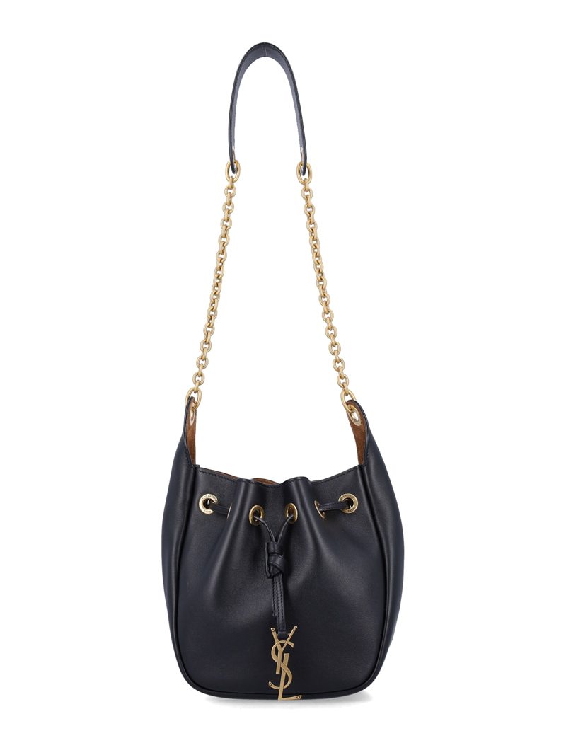 Black Leather Supple Bucket Bag With Chain_Black