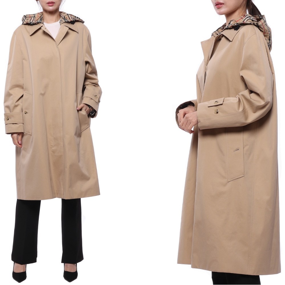 23FW 여성 체크 후드 개버딘 카 코트 (8072677 HONEY 23F)
