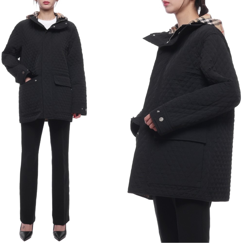 24FW 여성 체크 후드 퀼팅 재킷 (8093876 BLACK 24F)