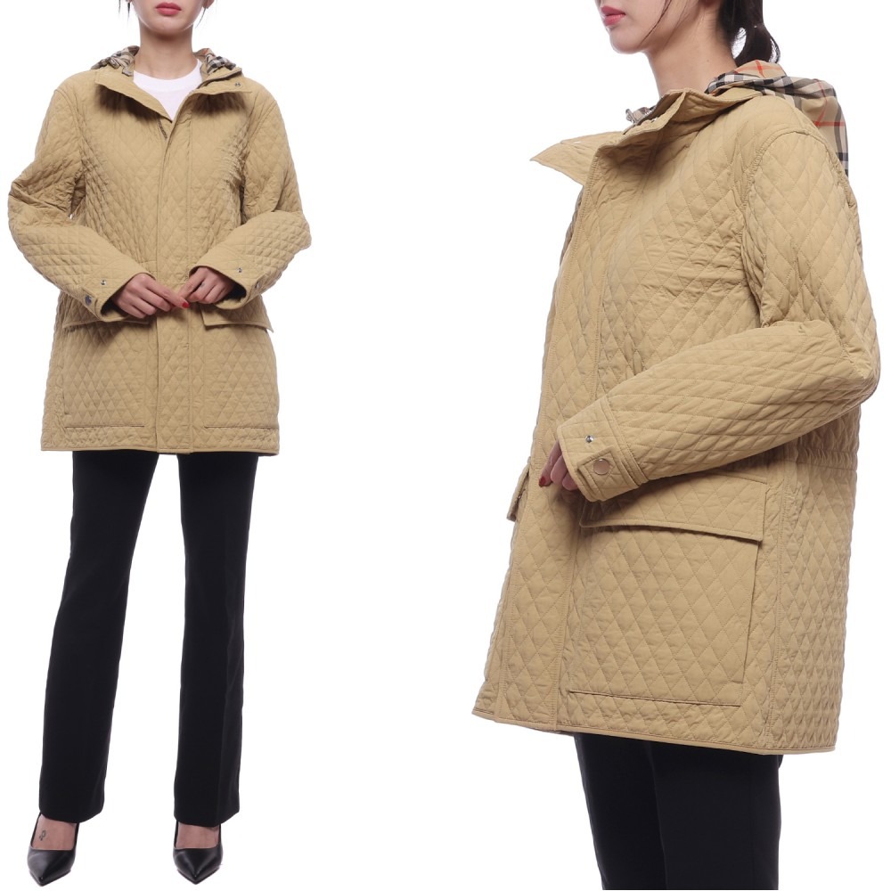24FW 여성 체크 후드 퀼팅 재킷 (8093877 FLAX 24F)