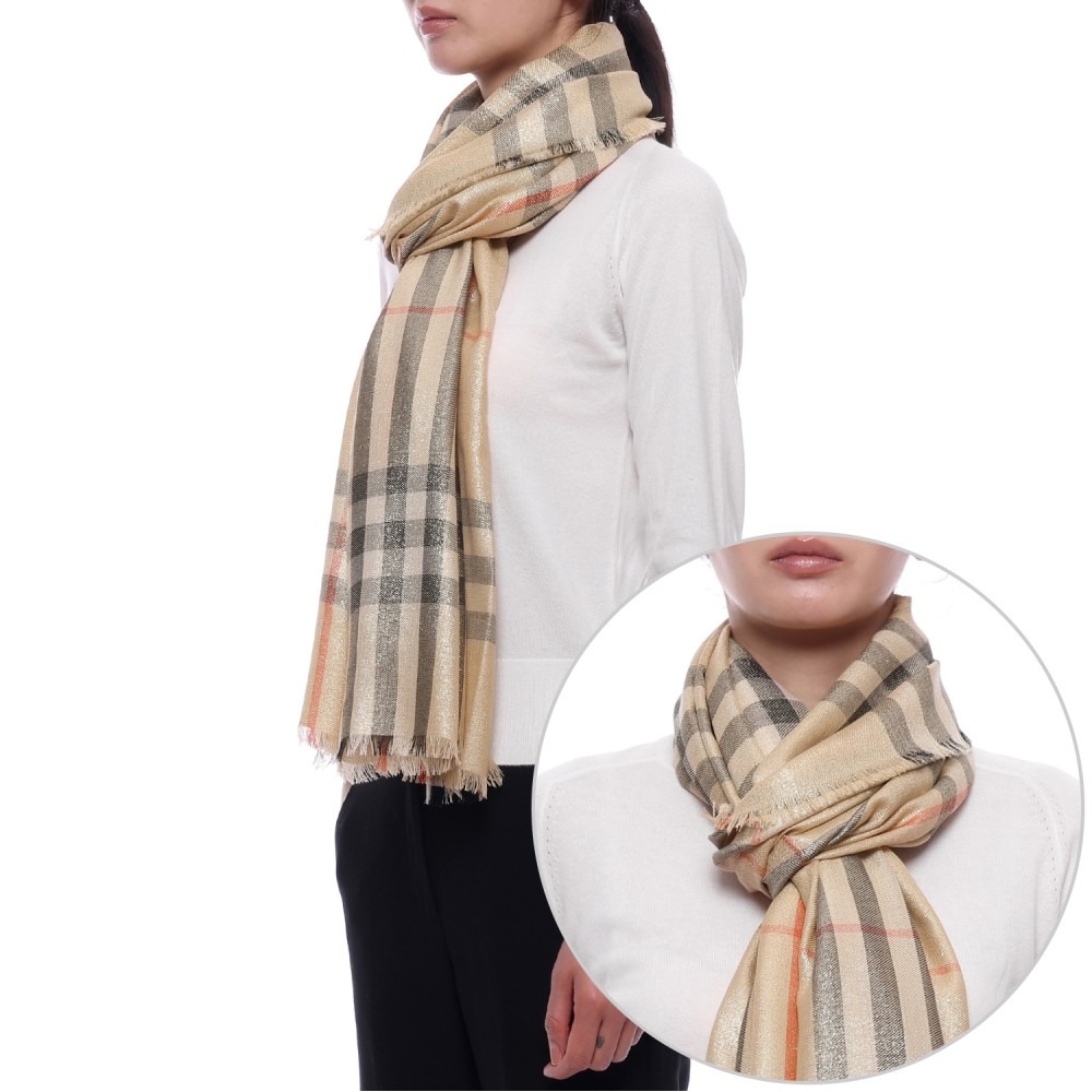 25SS 여성 체크 메탈릭 울 실크 머플러 (8106063 SAND W 25S)