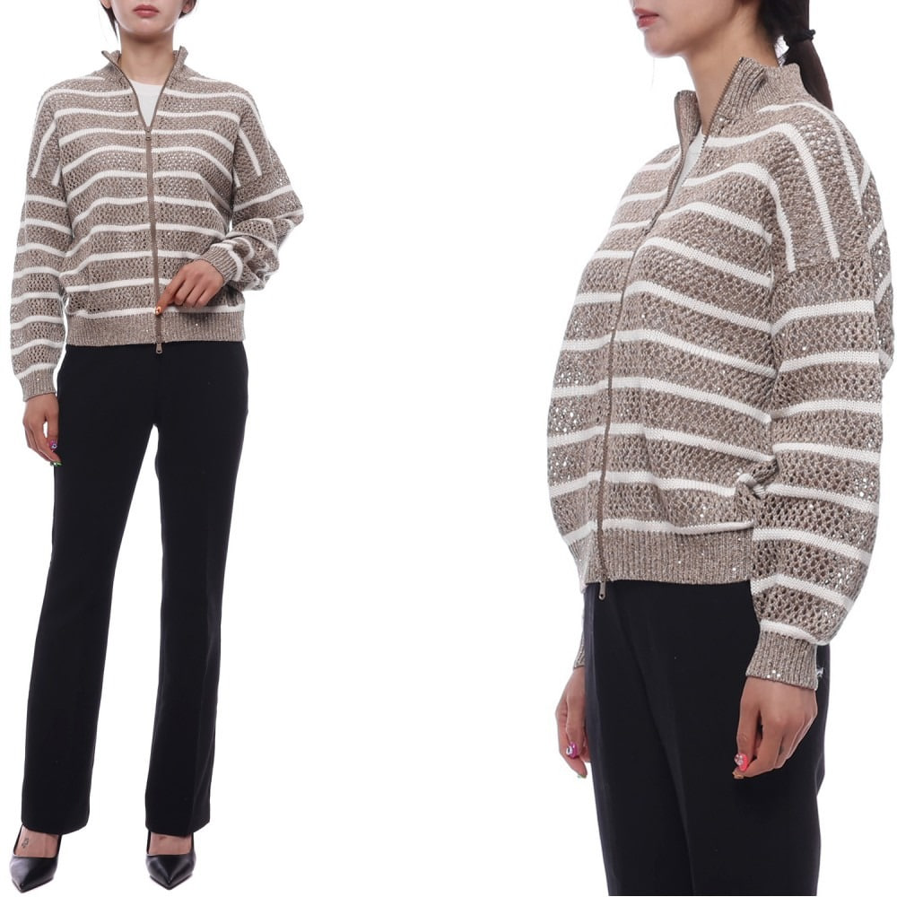 25SS 여성 린넨 스트라이프 메쉬 집업 니트 (MCO558906 CKE88 25S)