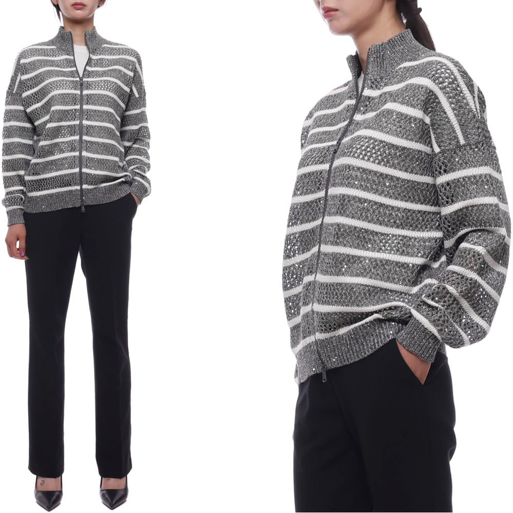 25SS 여성 린넨 스트라이프 메쉬 집업 니트 (MCO558906 CXE79 25S)