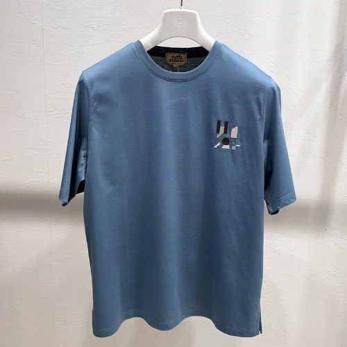 HERMES T-Shirt Cotton Crew Neck Lambskin Leather Patch ๋ธ๋ฃจ