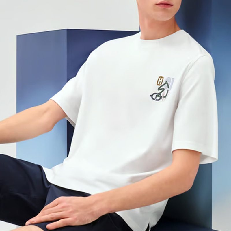 에르메스 H 퍼즐 램스킨 디테일 코튼 크루넥 티셔츠 화이트