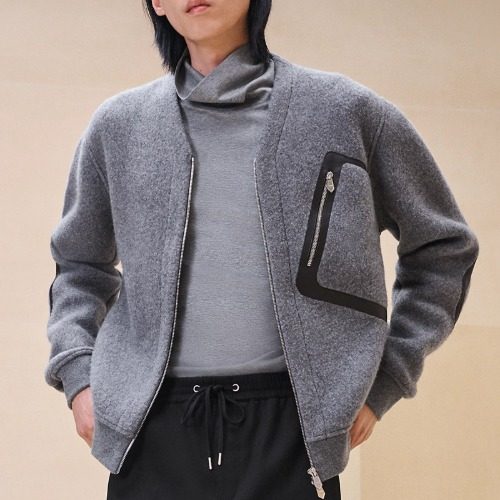 HERMES Cashmere Virgin Wool Leather Pocket Varsity Cardigan 그레이