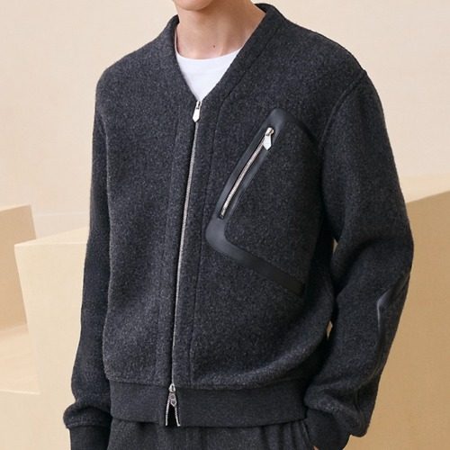 에르메스 캐시미어 버진 울 레더 포켓 바시티 가디건 블랙