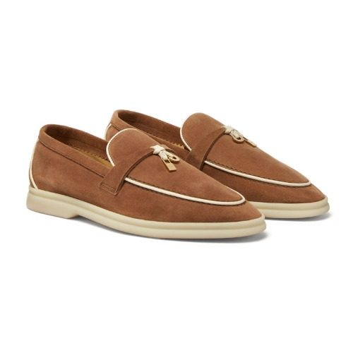 로로피아나 썸머 참스 워크 Loafers Suede Gold-Tone 브라운 White