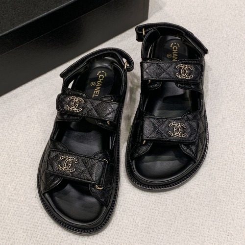 CHANEL κ·Έλ μΈλ Calfskin Velcro Sandals CC Logo Black