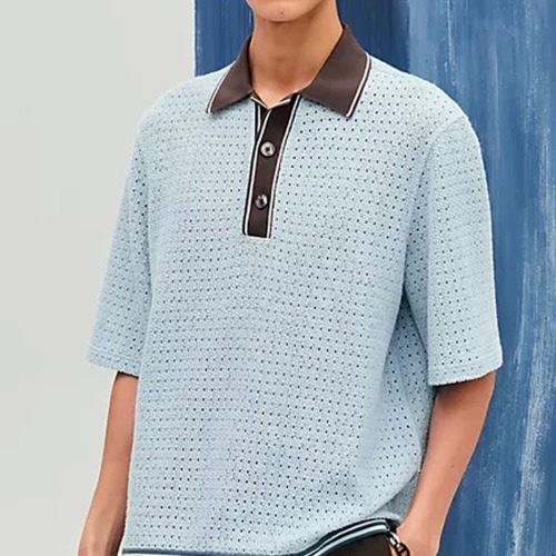HERMES Ajoures colores Cotton Sleeve Polo Shirt 블루