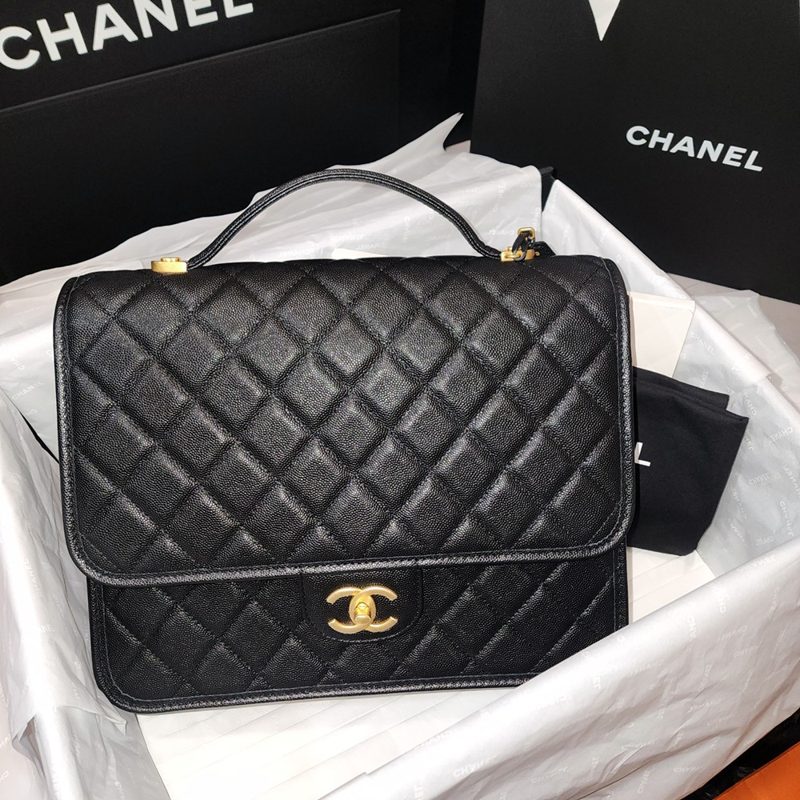 CHANEL 탑핸들 Flap Gold Metal 캐비어스킨 Gold-Tone Backpack Black