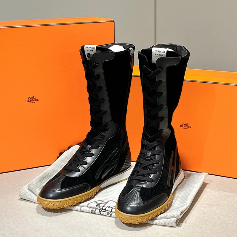 HERMES Suede Calfskin Lace-Up High-Top Sneakers Black