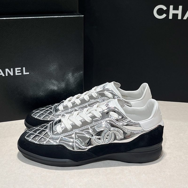 CHANEL 25-26 Quilted Suede Metallic Silver Sneakers