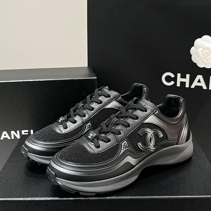 CHANEL Mesh Calfskin Metallic 크루즈 Sneakers Black Silver Men's용