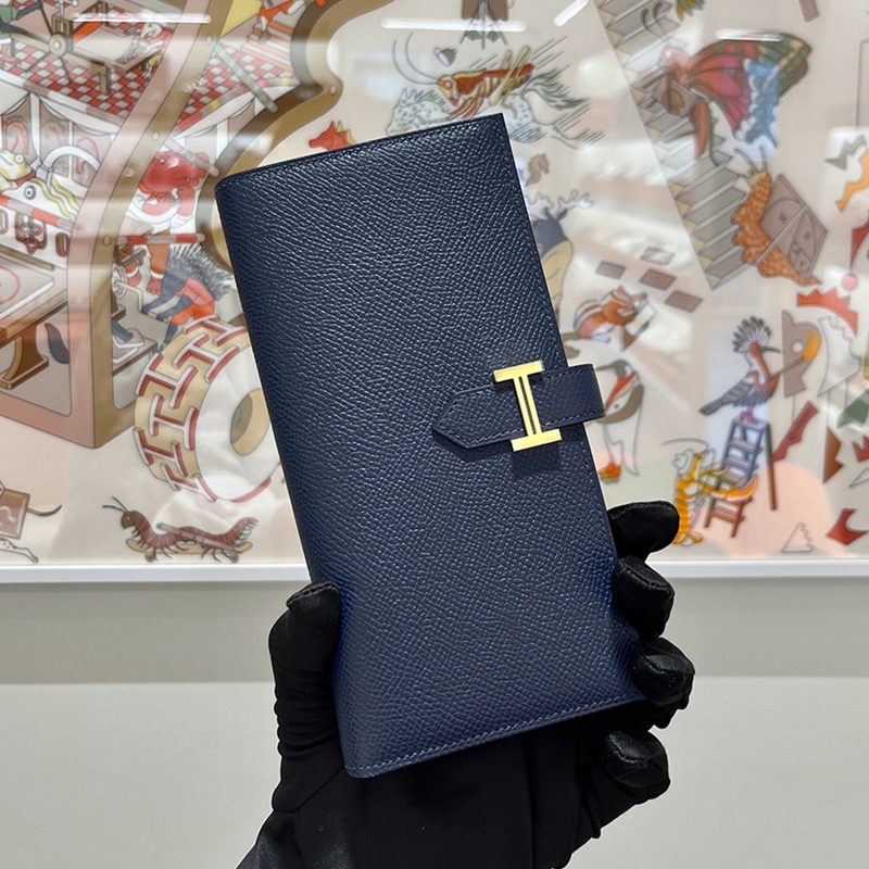 HERMES ๋ฒ ์ Long Wallet ์ฑ์ก Calfskin Navy&Gold ํ๋์จ์ด