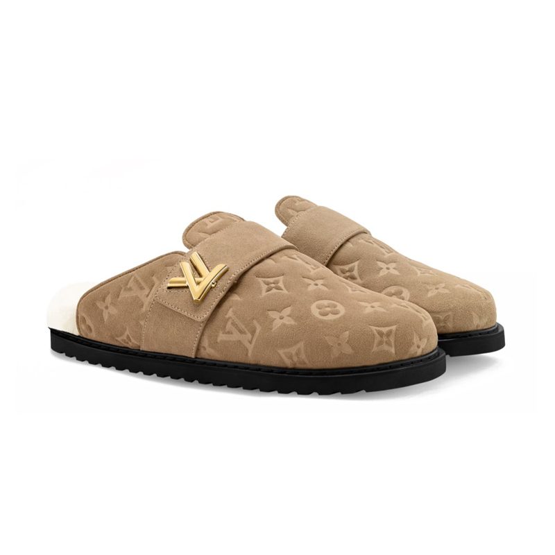 LOUIS VUITTON Suede Calfskin Shearling LV ์ฝ์ง ์ปดํฌํธ ํด๋ก๊ทธ ๋ฒ ์ด์ง