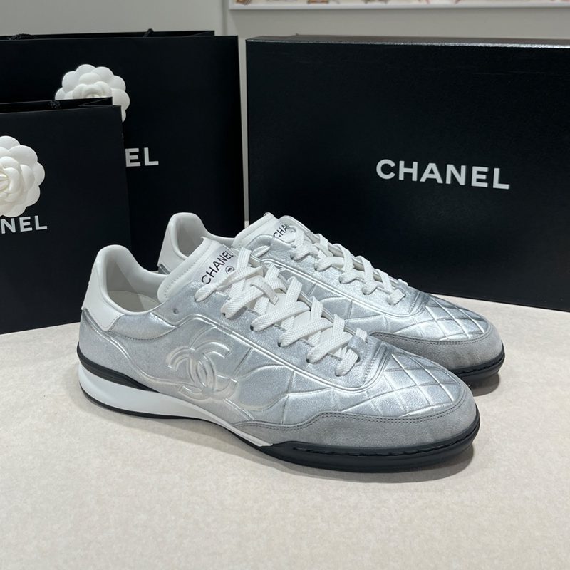 CHANEL Suede Calfskin Trainer Sneakers Metallic Silver