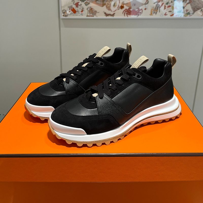 HERMES 리더 Sneakers 앱송 Calf&고트스킨 Suede Black 베이지 Tab