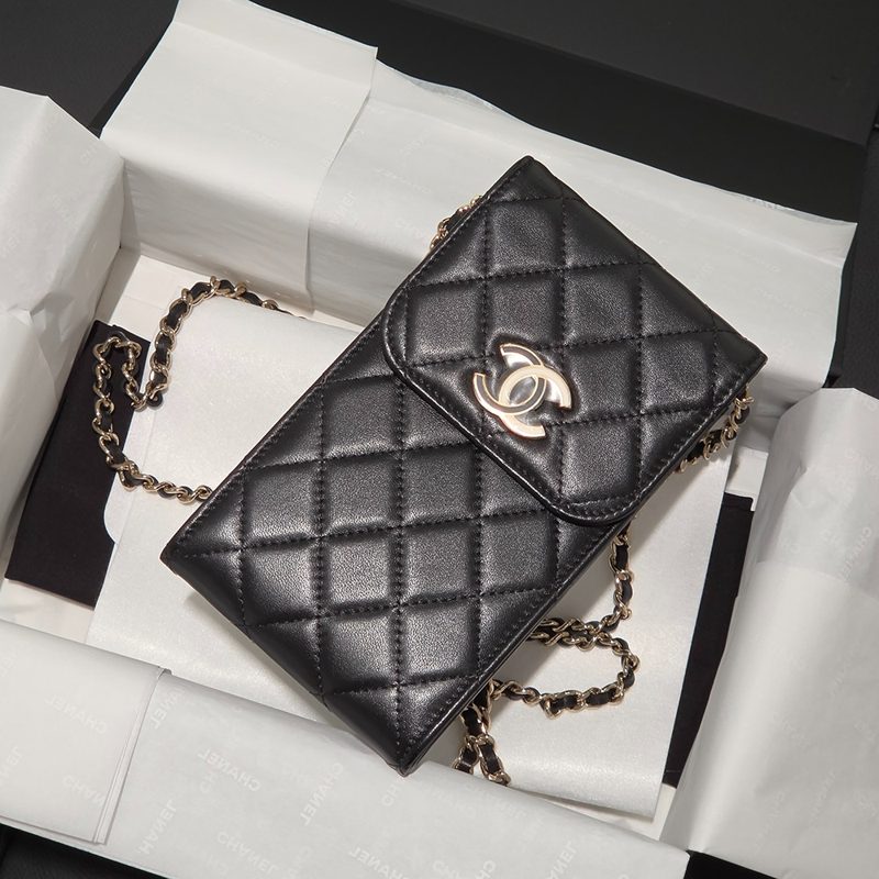 CHANEL Lambskin Phone Holder Mini Chain Crossbody Bag Black