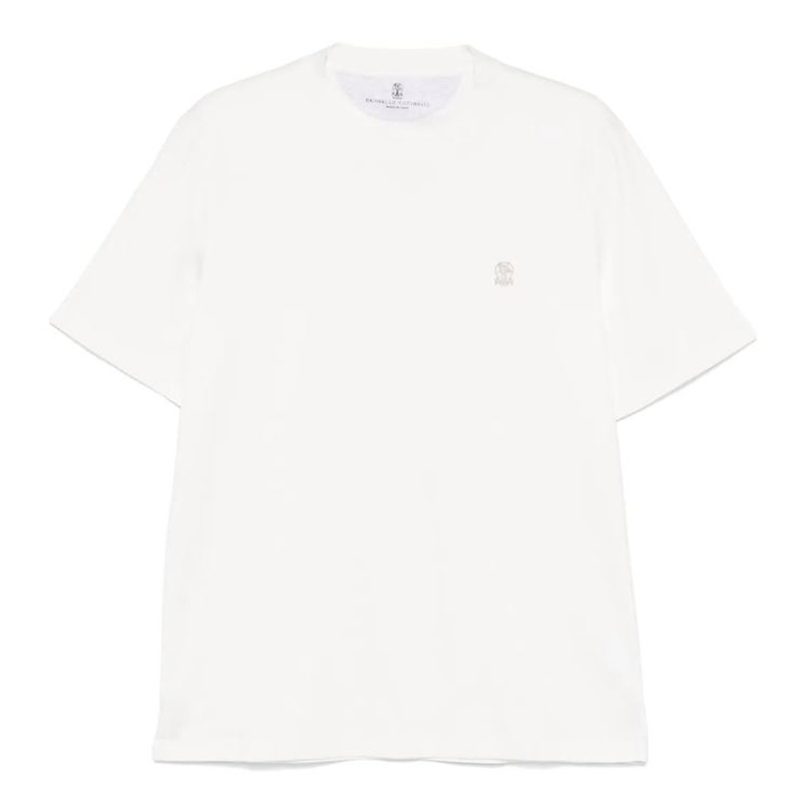 브루넬로 쿠치넬리 Slim Fit Cotton Jersey Logo Crew Neck T-Shirt Off White