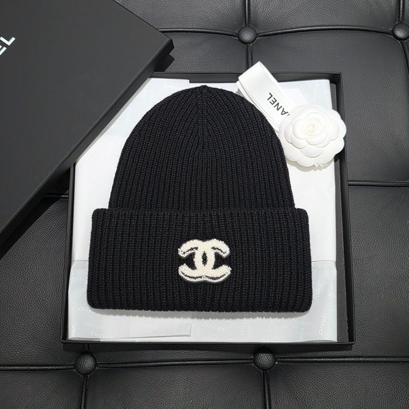 CHANEL Bouclé White Big Logo Beanie Black