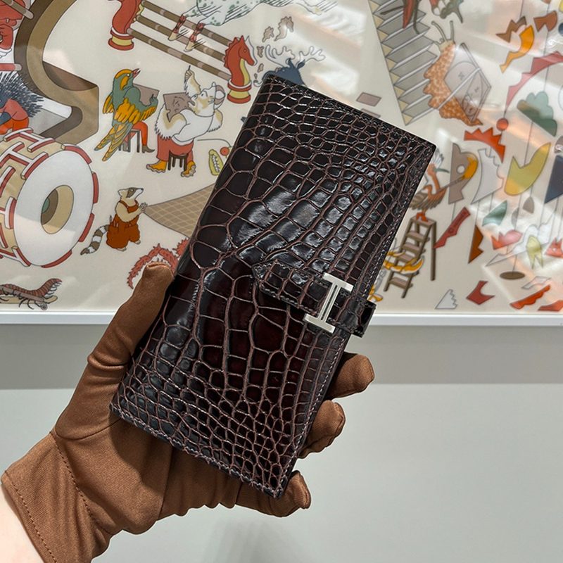HERMES Wallet / 베안 Long Wallet 와니 유광 악어 Wallet 엘리게이터 딥브라운 은장