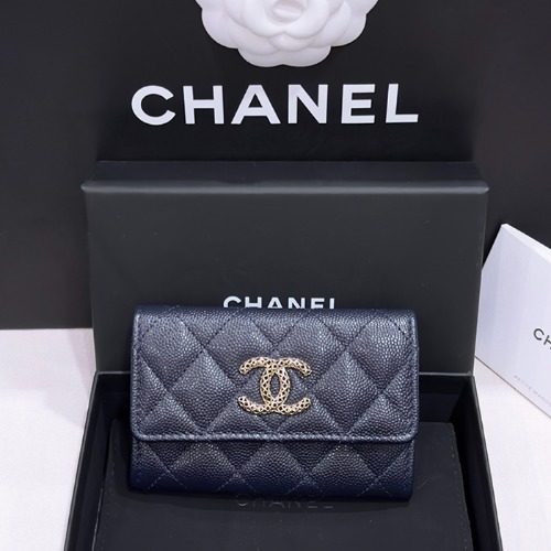 CHANEL 그레인드 Calfskin 뉴로고 Flap Card Wallet Gold Metal Navy