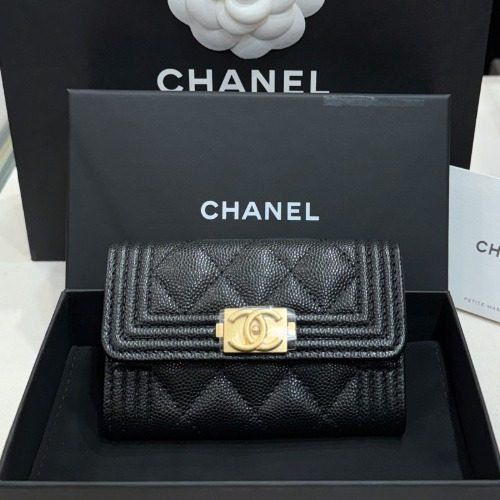 CHANEL ๋ณด์ด Flap Card Wallet ๊ทธ๋ ์ธ๋ Calfskin ์ดํ์ธ๊ณจ๋ Black