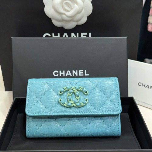 CHANEL 뉴로고 그레인드 Calfskin Card Wallet Sky 블루 CC